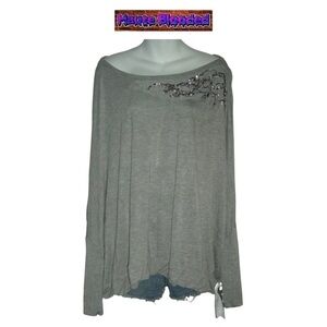 Young Fabulous & Broke Blouse Heathered Gray Jewel Neckline Bling Modal OSFA NWT